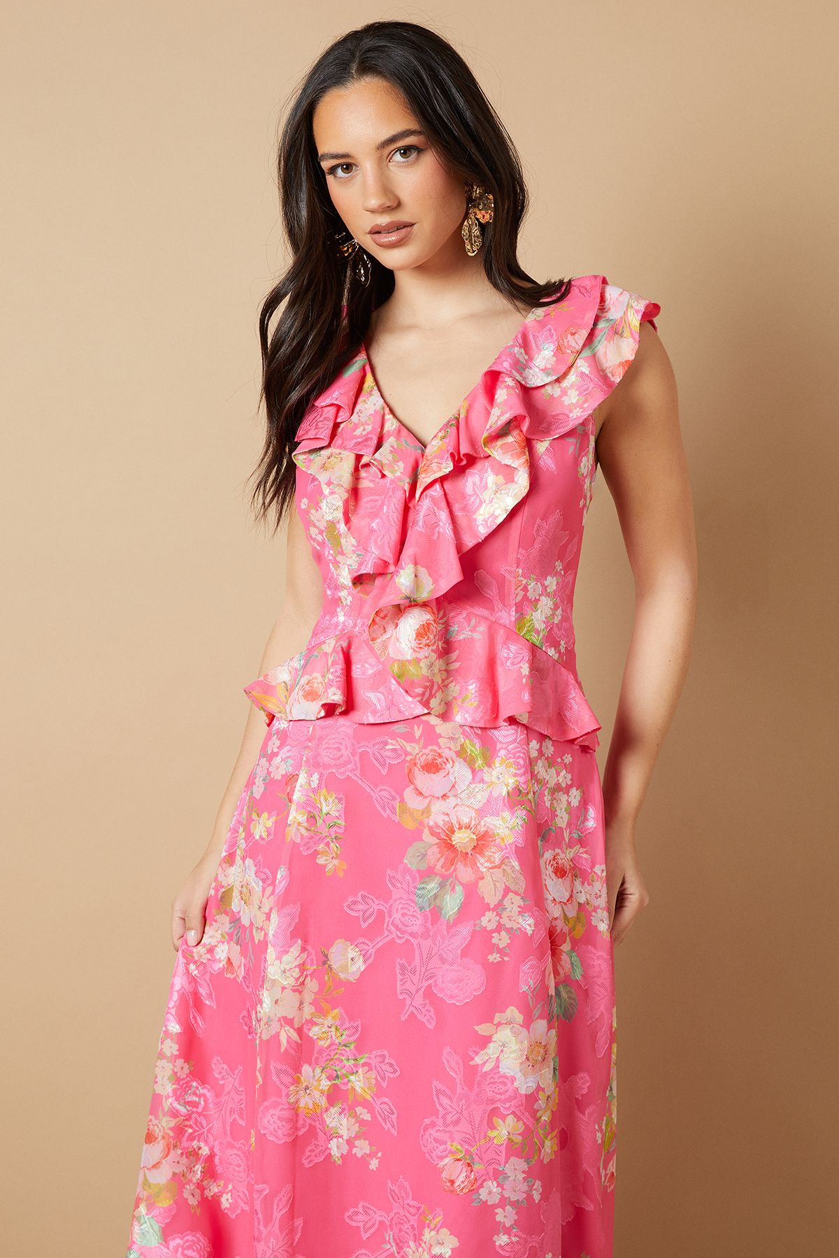 Oasis Floral Ruffle Detail V Neck Midi Dress Bubblegum image 2