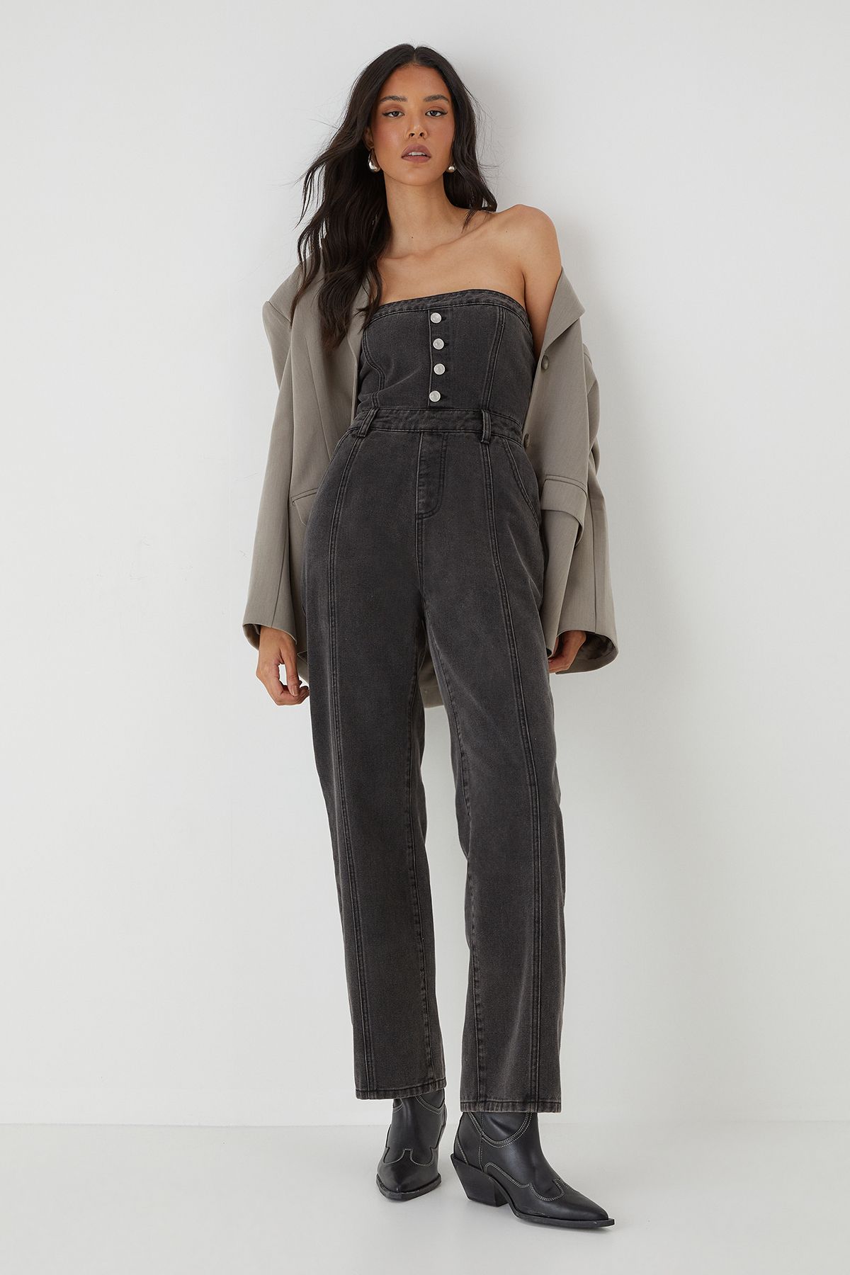 MissPap Bandeau Button Up Denim Jumpsuit Washed Black image 1