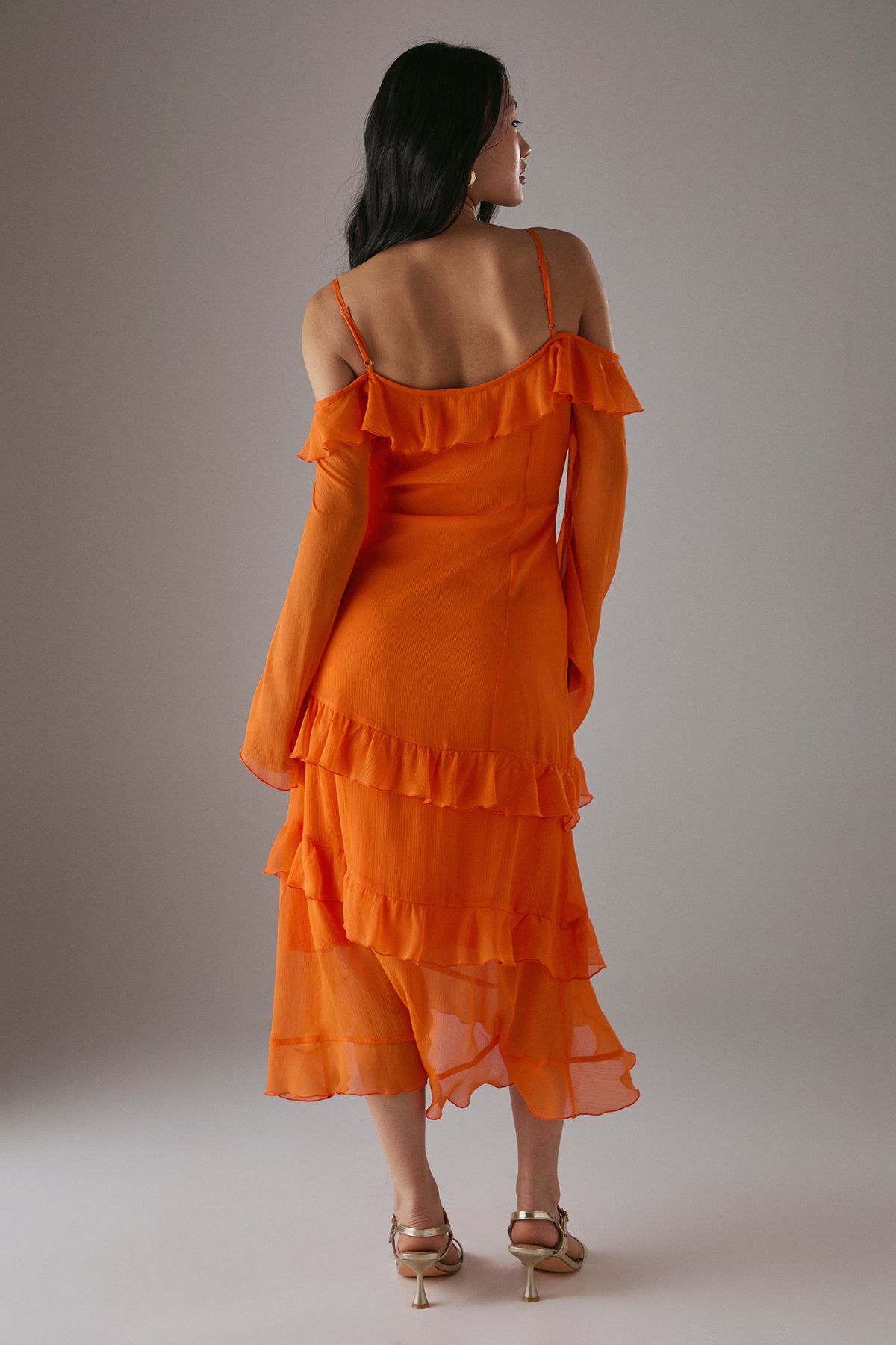 Warehouse Petite Chiffon Ruffle Cold Shoulder Midi Dress Orange image 3