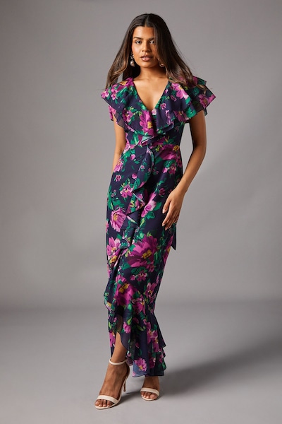 Coast Petite Short Sleeve Chiffon Maxi Dress With Frills Navy