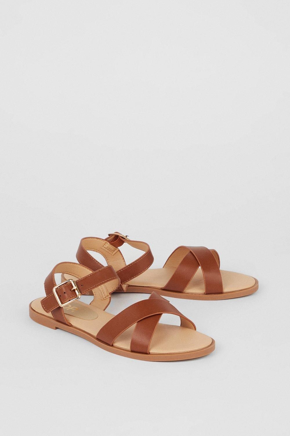Dorothy Perkins Florence Faux Leather Cross Strap Flat Sandals Tan image 3