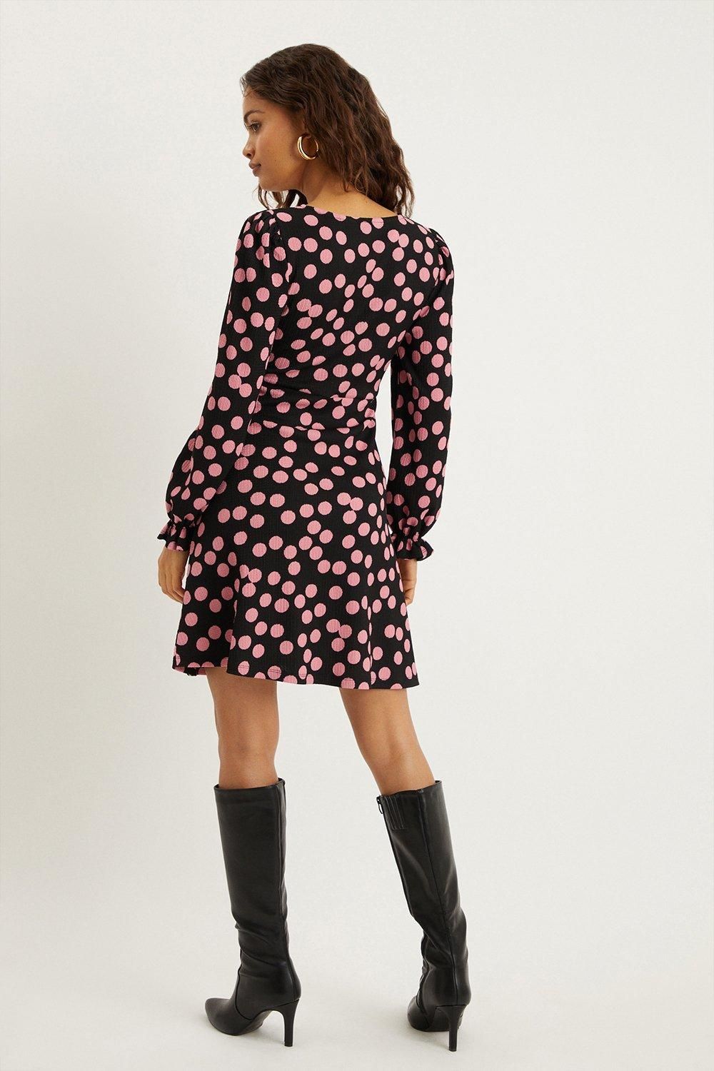 Dorothy Perkins Petite Pink Spot V Neck Long Sleeve Mini Black image 3