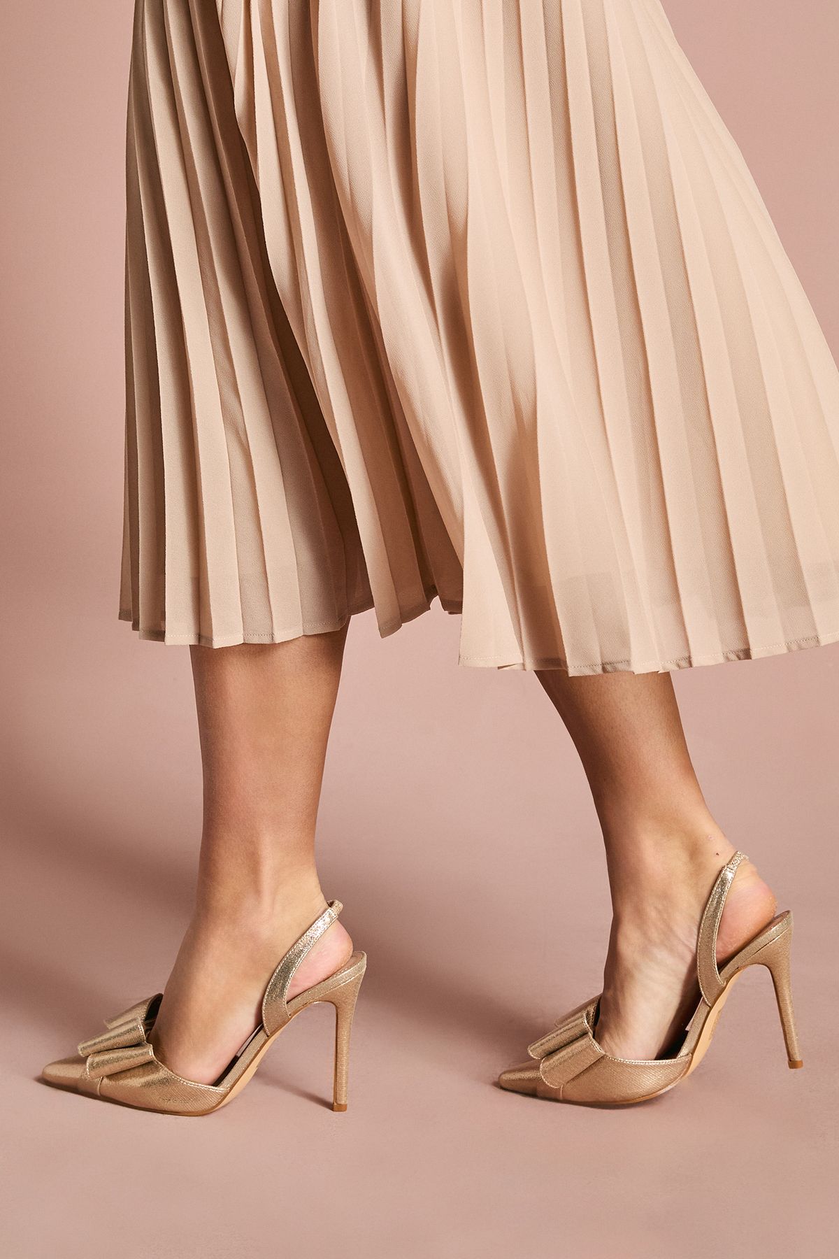 Coast Tamara Metallic Textile Satin Bow Slingback High Stiletto Heel Court Shoes Gold image 3