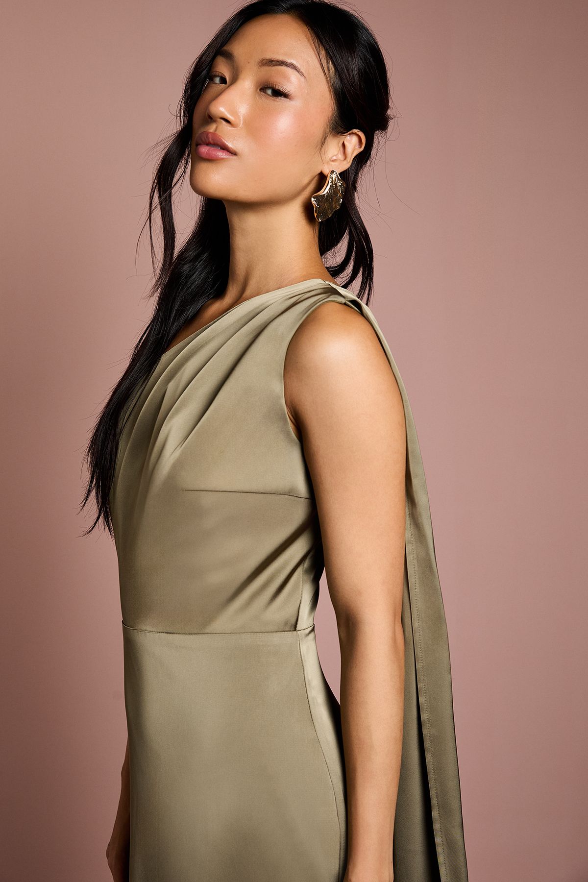 Coast Coast Honoured Drape One Shoulder Satin Maxi Bridesmaid Dress Olive image 2