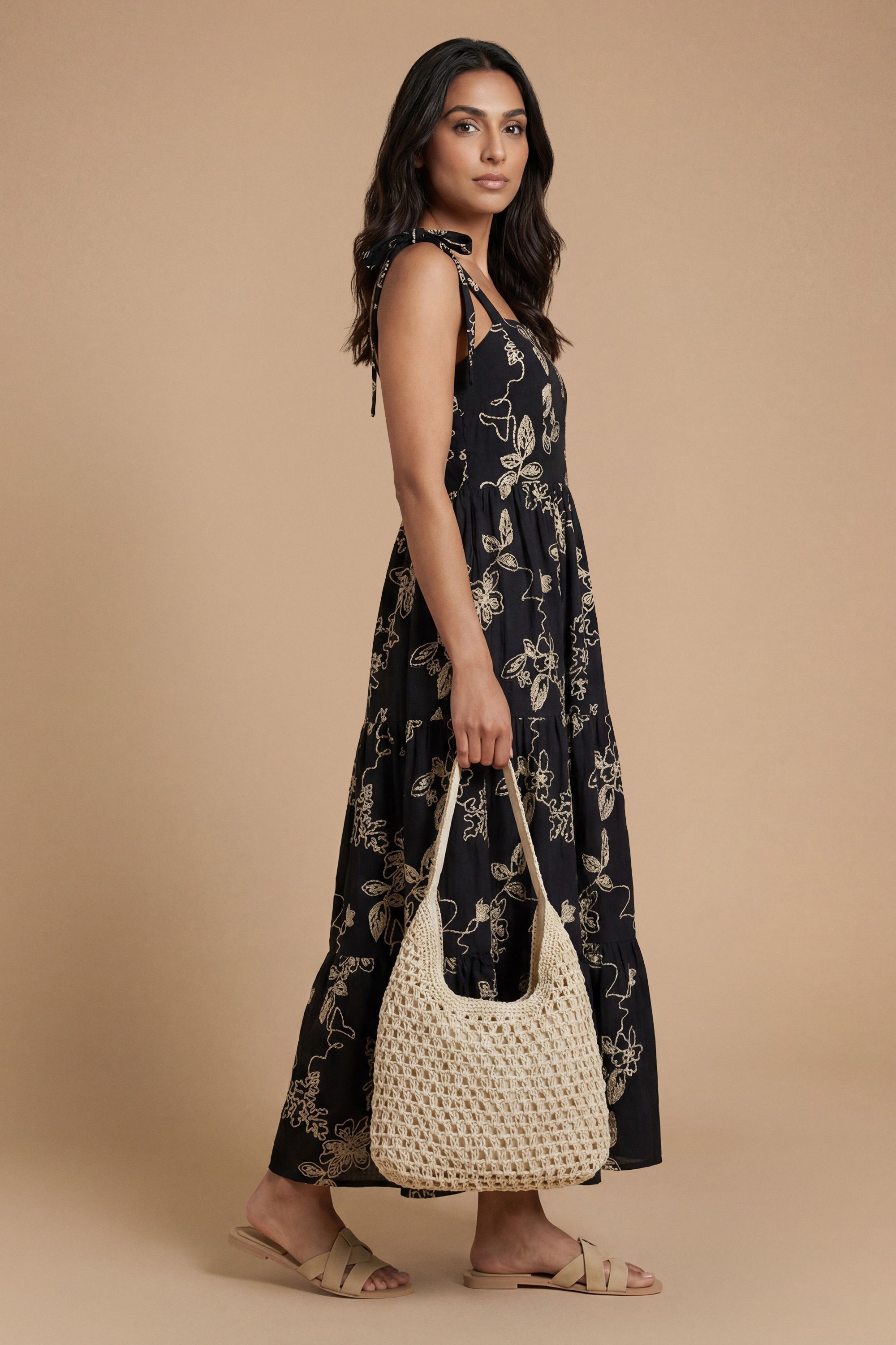 Dorothy Perkins Petite Metallic Embroidered Floral Strappy Tie Midi Dress Black