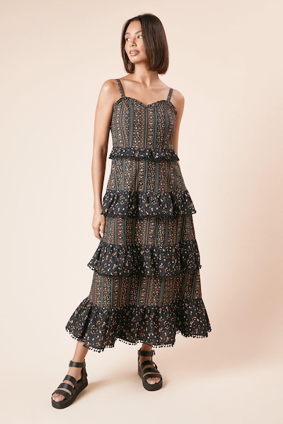 Dorothy Perkins Linear Floral Printed Ruffle Pom Pom Midi Dress Black