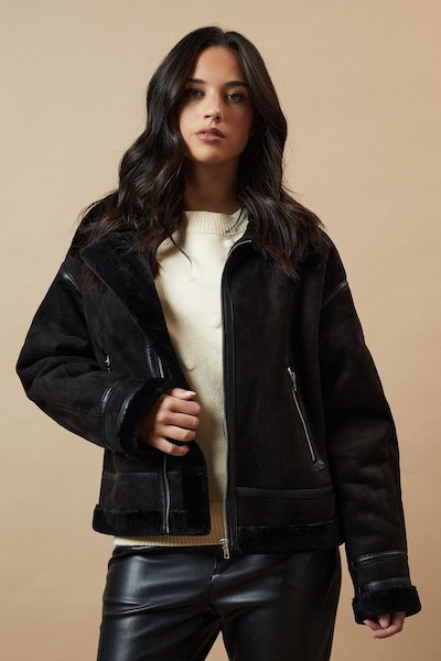 Oasis Zip Through Faux Leather Short Aviator Jacket Black