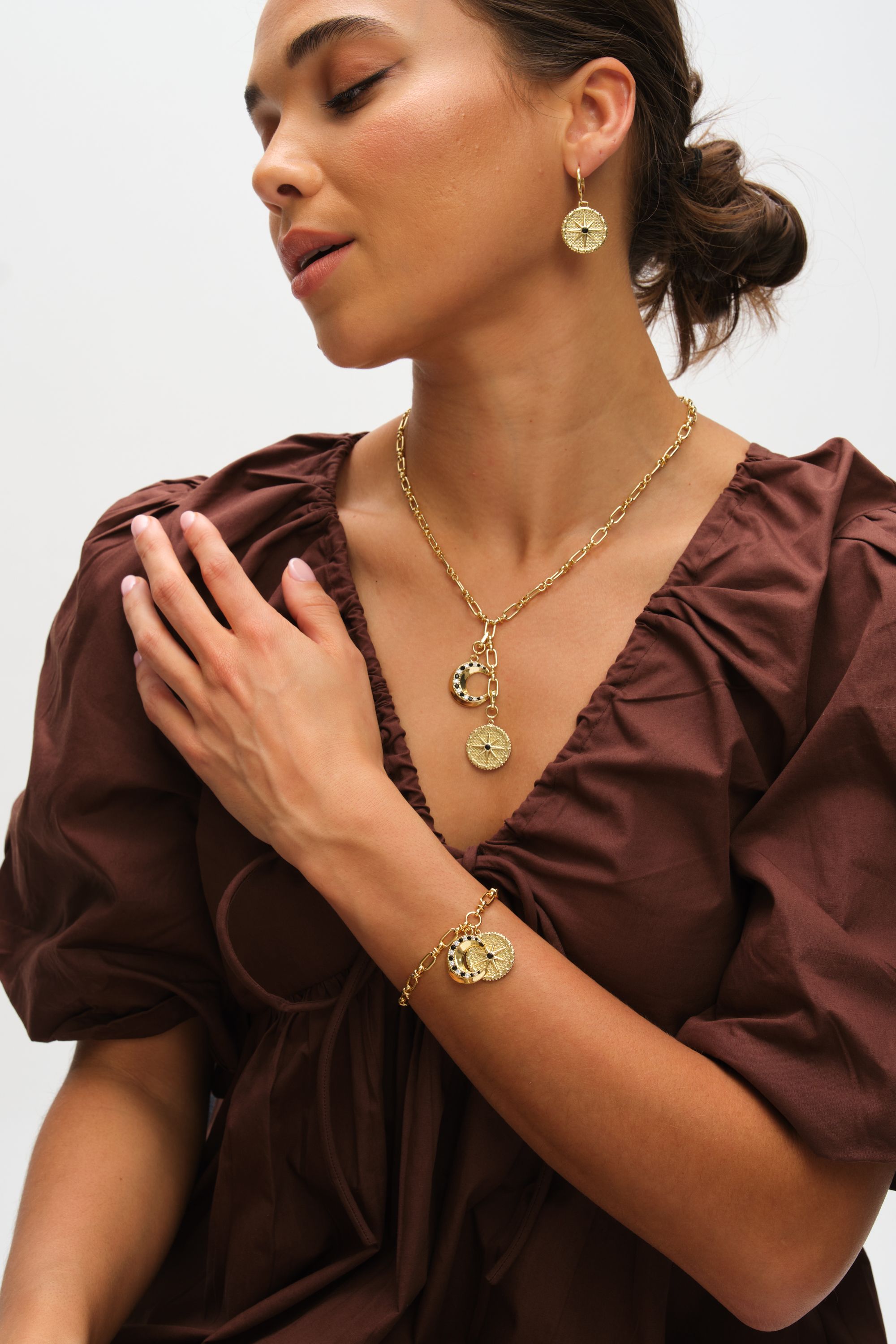 Inicio 14K Gold Plated Celestial Multi Charm Drop Pendant - Gift Pouch image 3