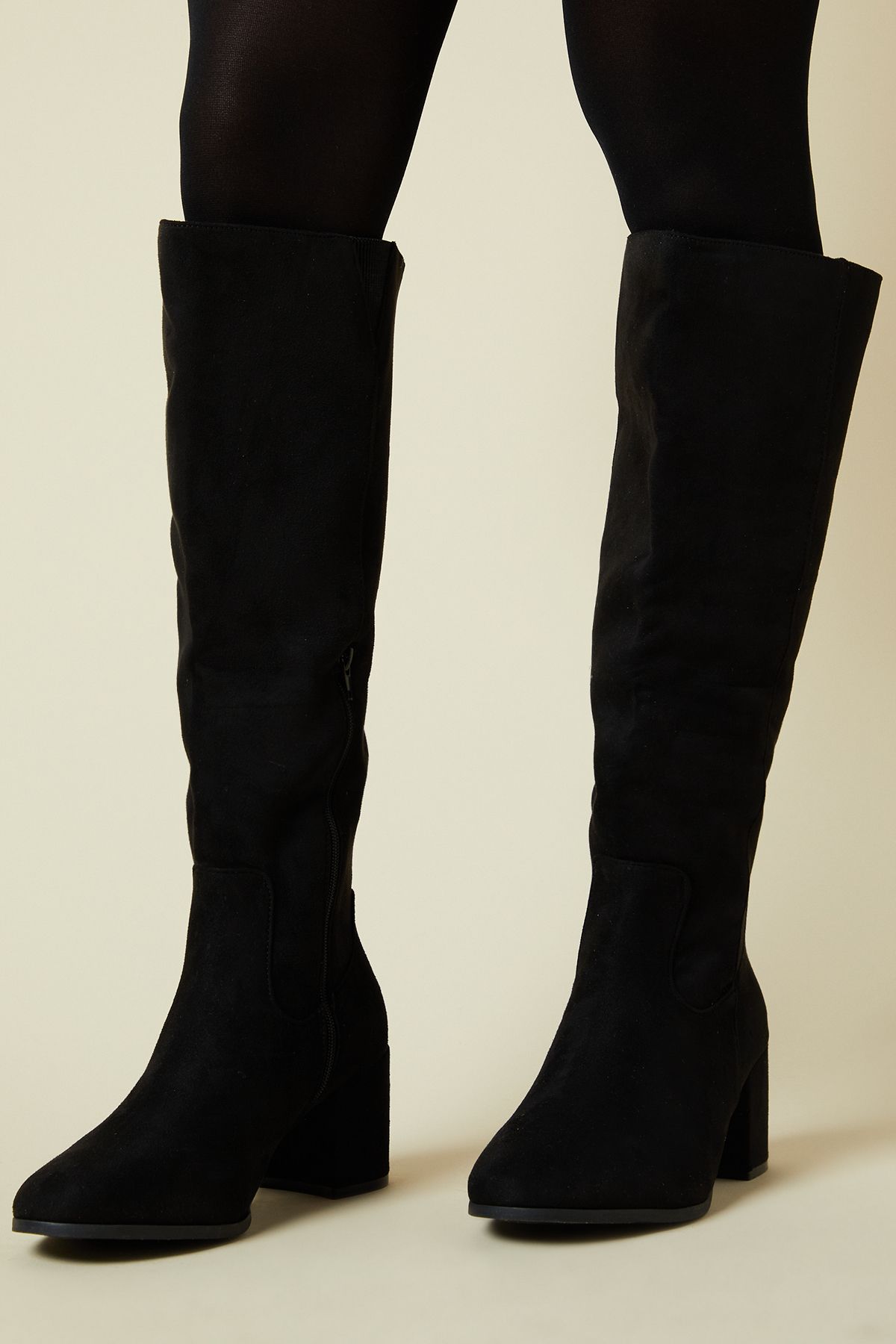 Dorothy Perkins Wide Fit Keeley Round Toe Medium Block Heel Knee High Boots Natural Black image 1