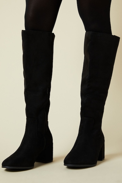 Dorothy Perkins Wide Fit Keeley Round Toe Medium Block Heel Knee High Boots Natural Black