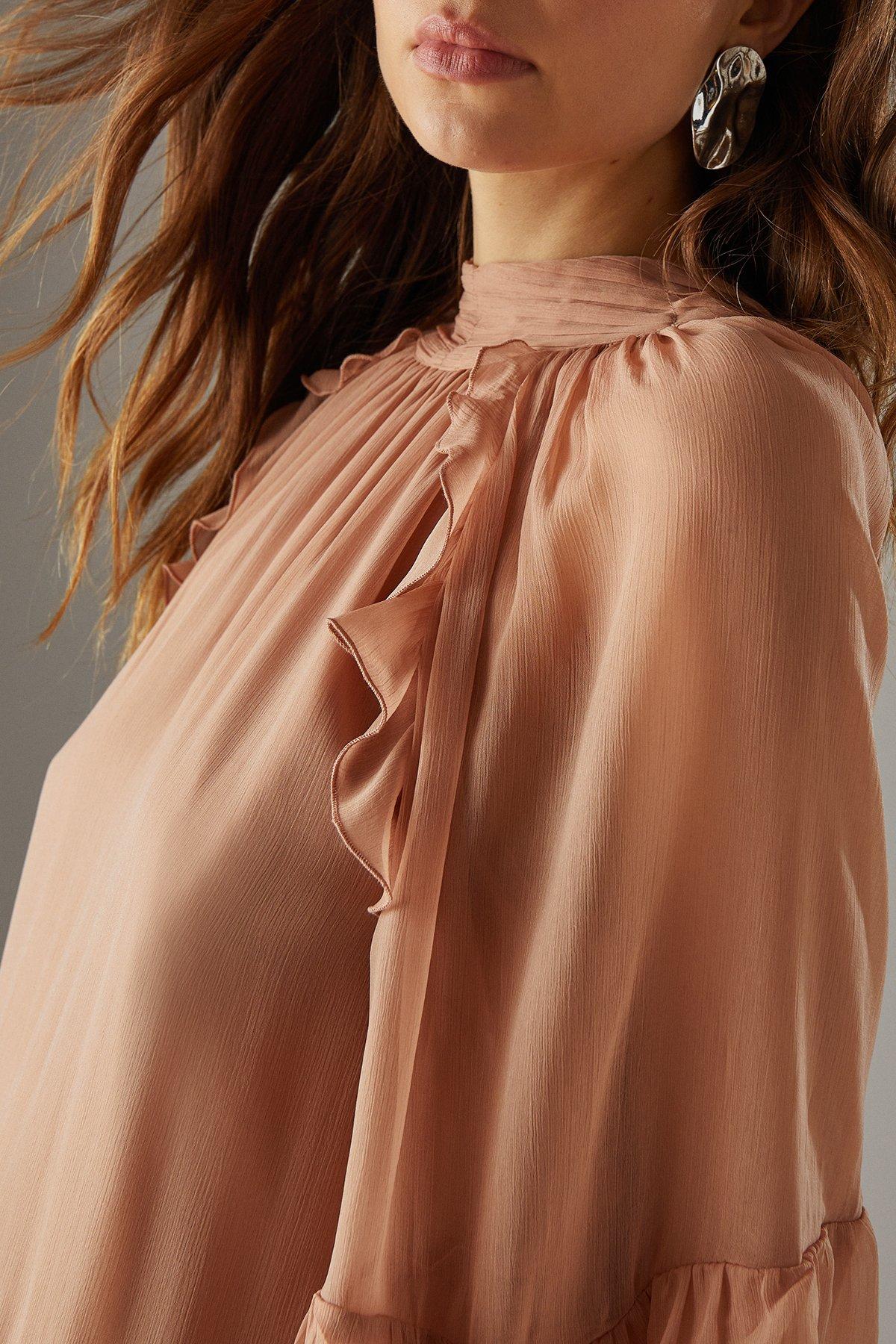 Warehouse Bow Back Ruffle Boho Top With Flared Sleeve Tan image 5