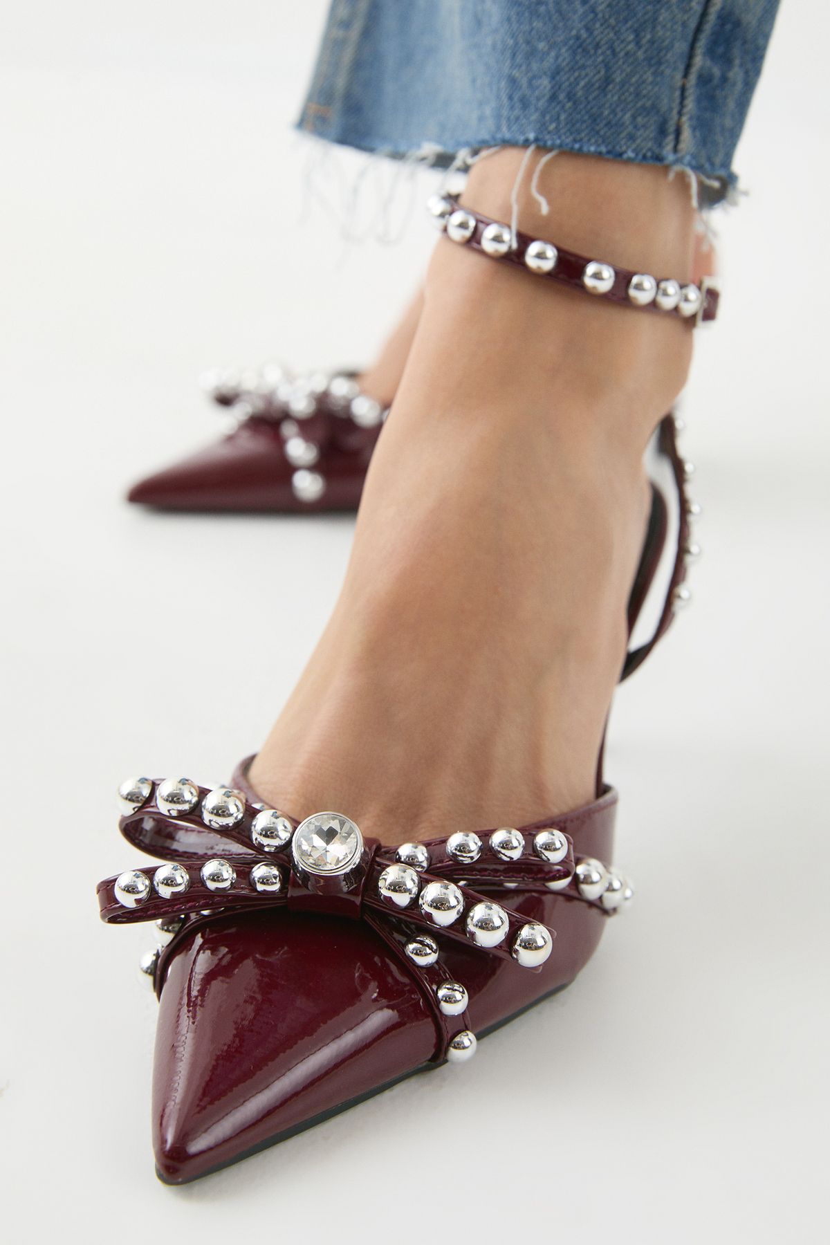 MissPap Embellished High Stiletto Heel Court Shoes Wine image 4