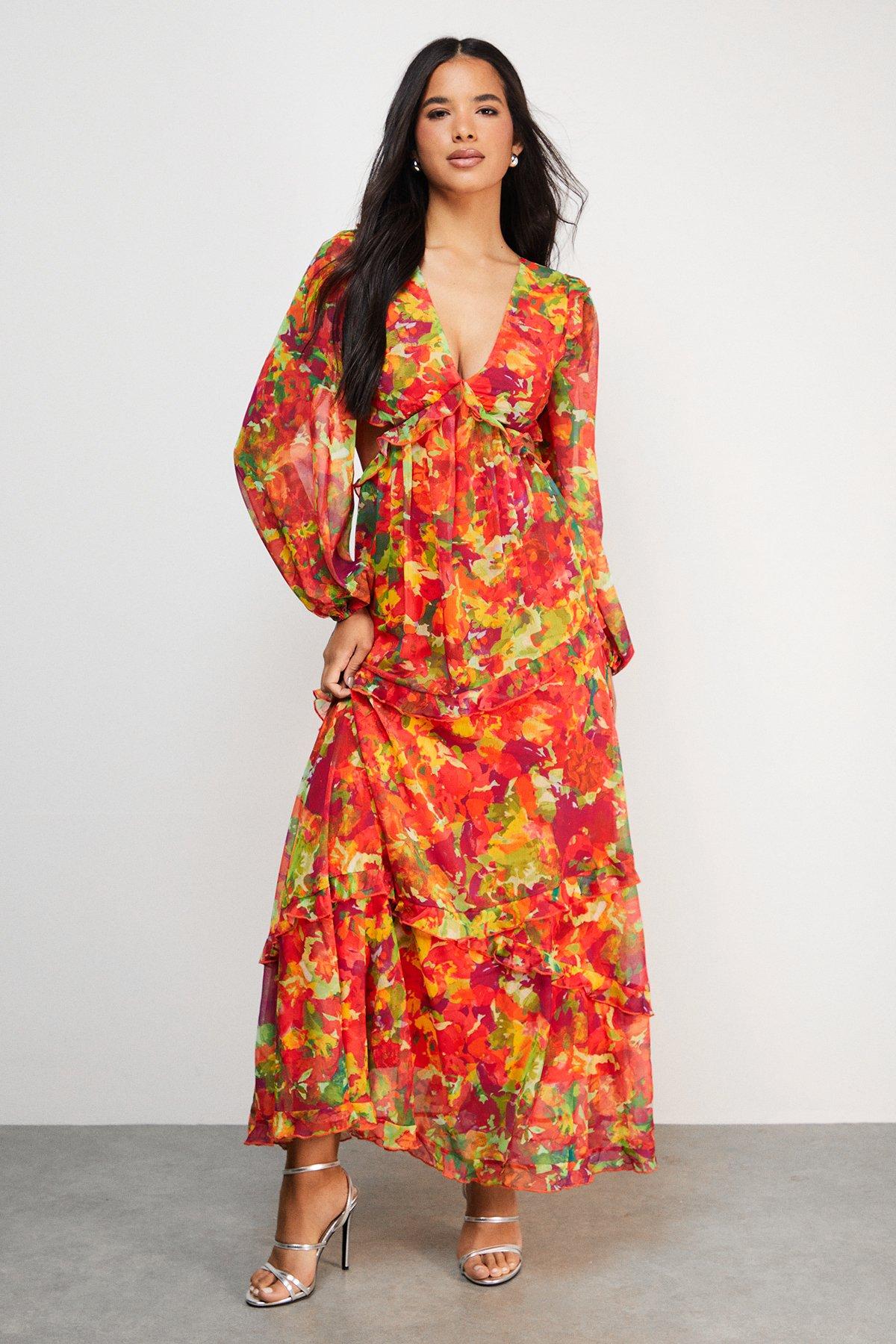 Warehouse Chiffon Cut Out Waist Ruffe Maxi Dress Floral