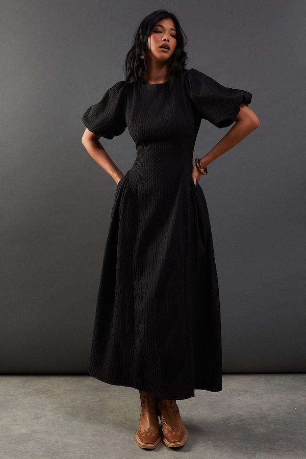 Warehouse Seersucker Organza Godet Side Puff Sleeve Midi Dress Black