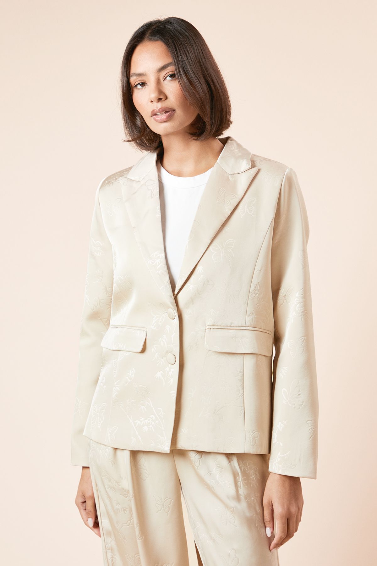 Dorothy Perkins Single Breasted Satin Jacquard Blazer Neutral