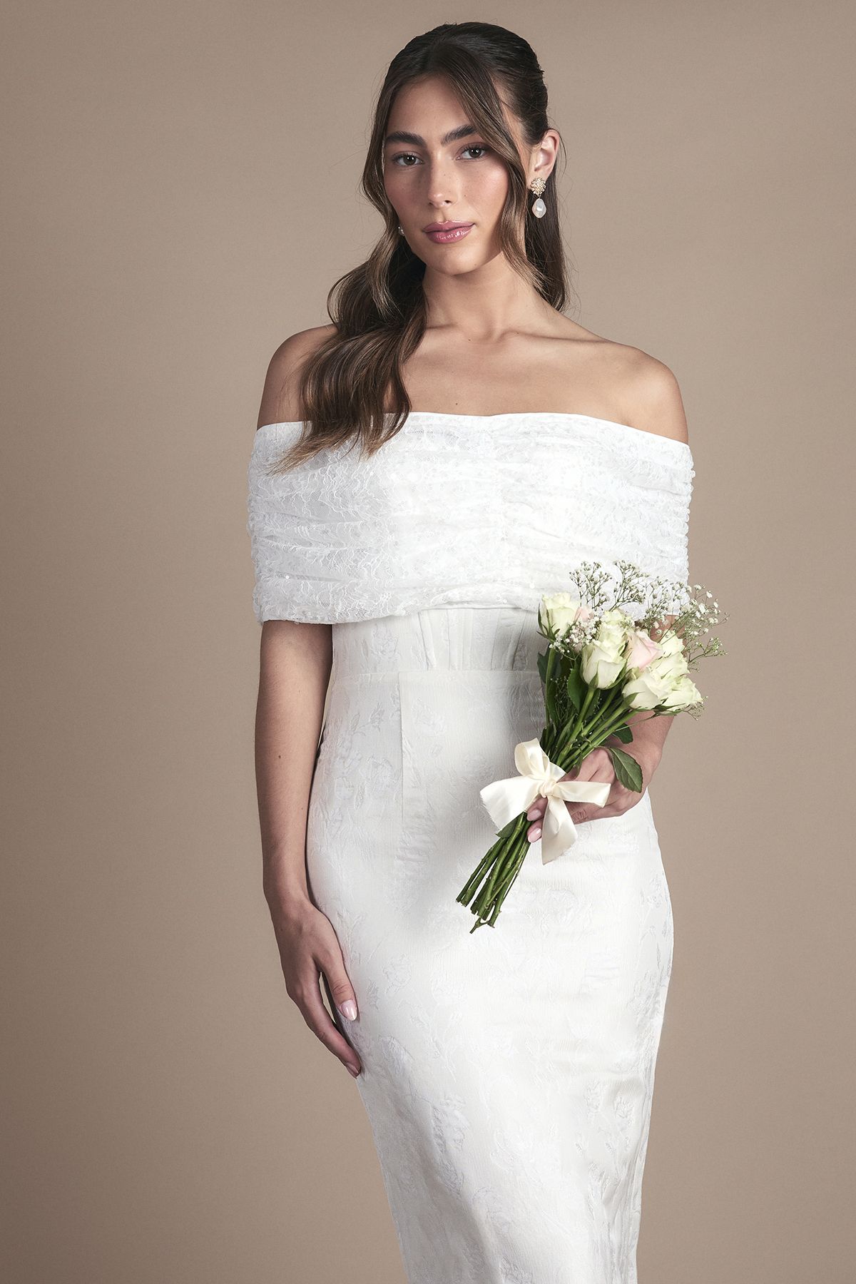 Coast Lisa Tan Bandeau Jacquard Column Midi Wedding Dress Ivory image 2