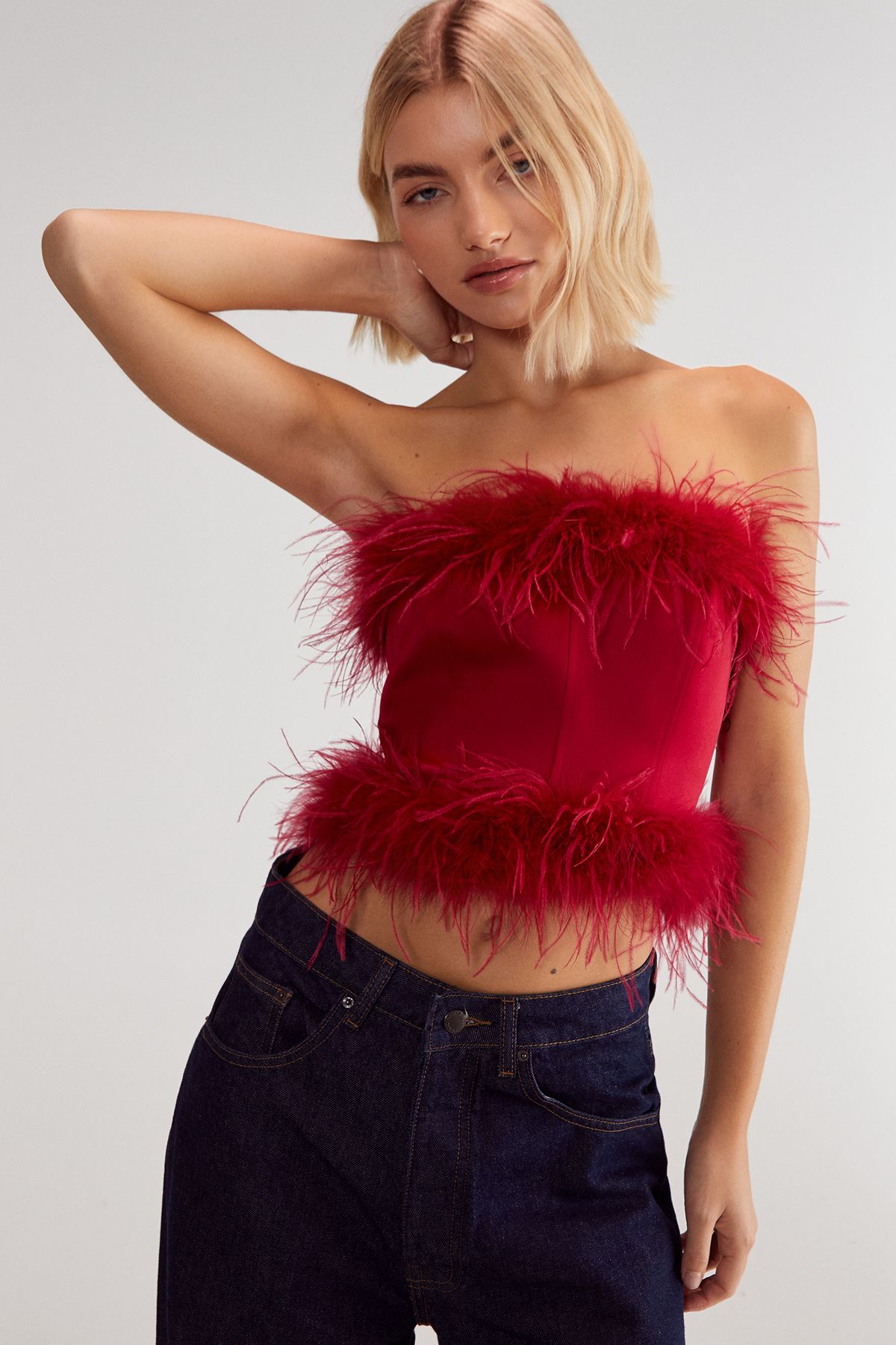 NastyGal Satin Boned Feather Corset Red image 1