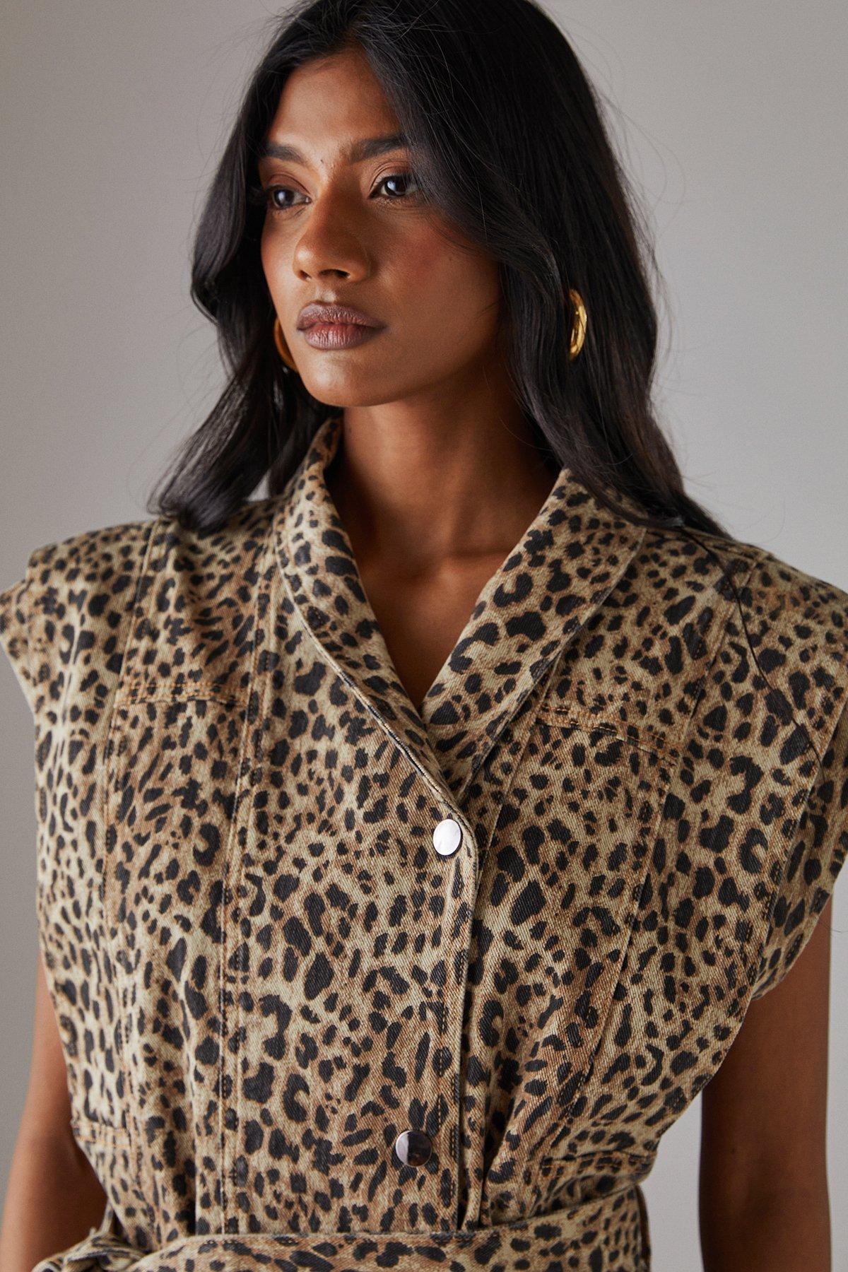 Warehouse Leopard Print Sleeveless Denim Jacket Animal image 3