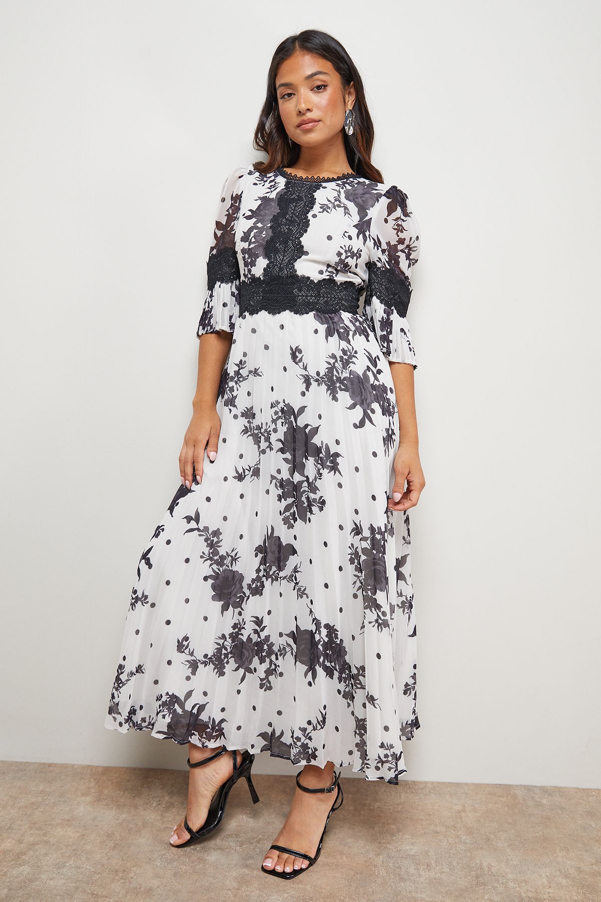 Oasis Petite Printed Lace Trim Pleated Midi Dress Multi image 2