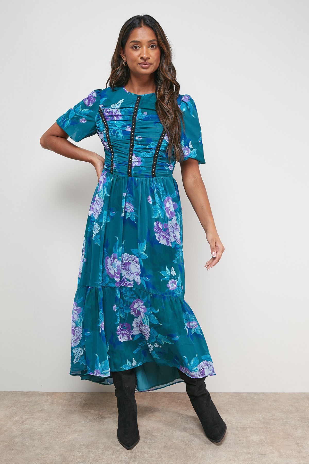 Oasis Printed Ruched Bodice Trim Detail High Low Hem Midi Dress Multi image 1