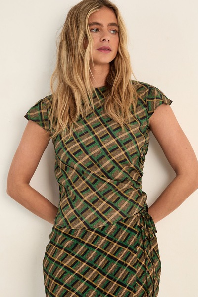 NastyGal Check Asymmetric Cap Sleeve Top Green