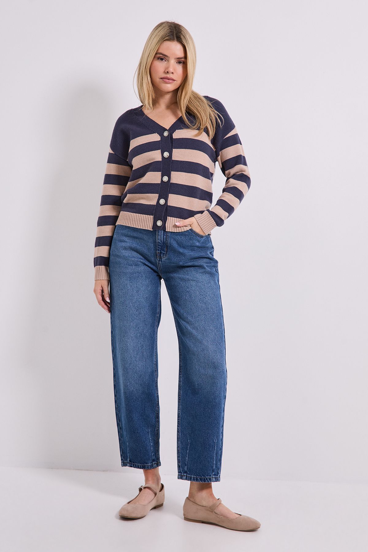 Dorothy Perkins Stripe V Neck Knit Cardigan Navy image 2
