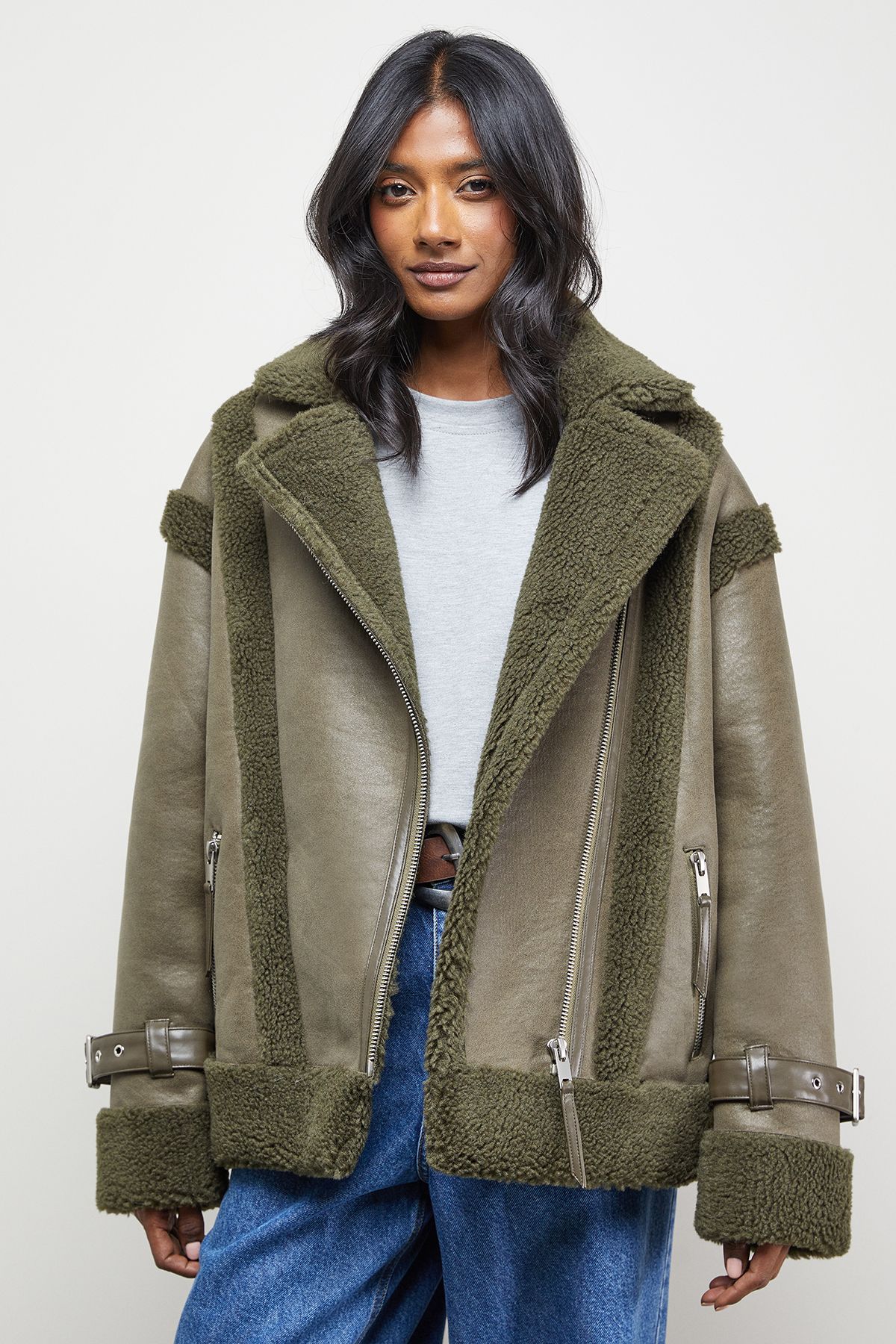 Warehouse Wool Lined Shearling Biker Jacket Khaki image 4