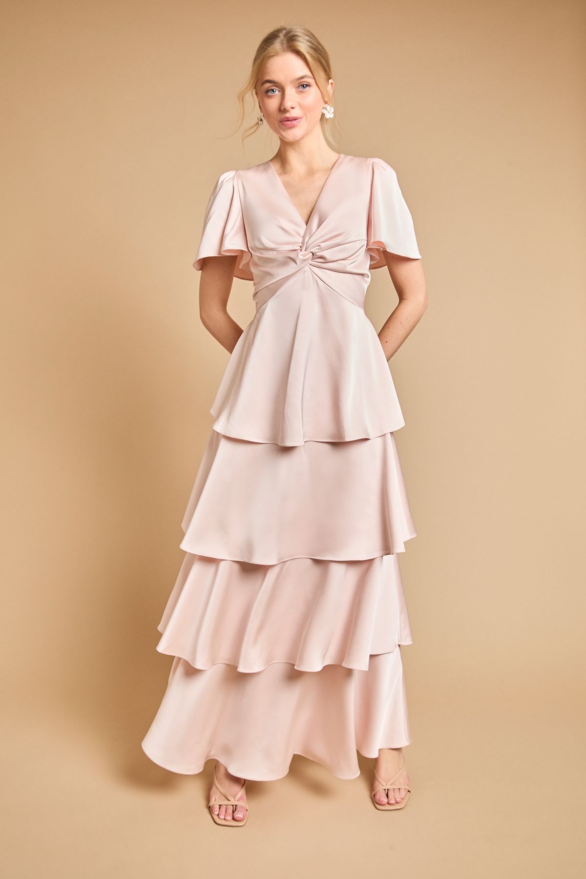 Oasis Satin Twist Front Tiered Bridesmaid Maxi Dress Blush