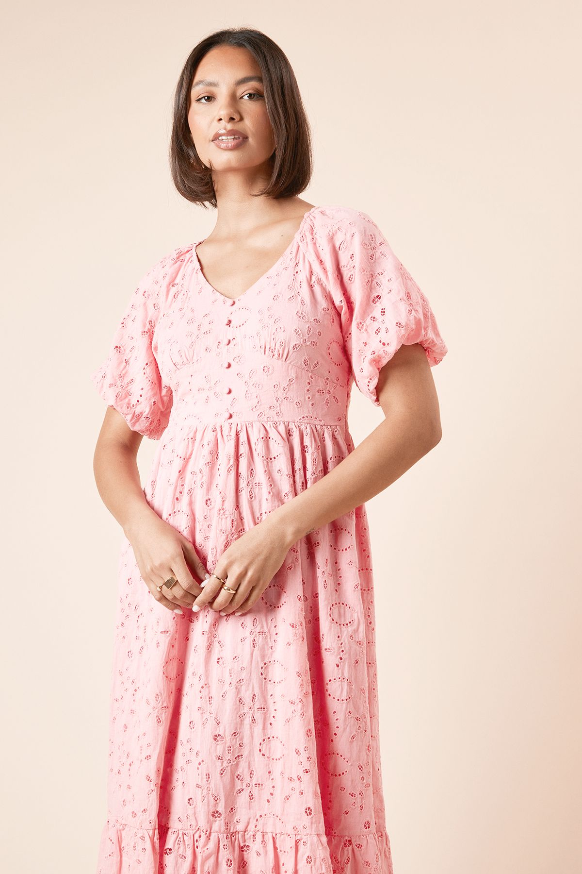 Dorothy Perkins Broderie Button Front Midi Dress Pink image 2