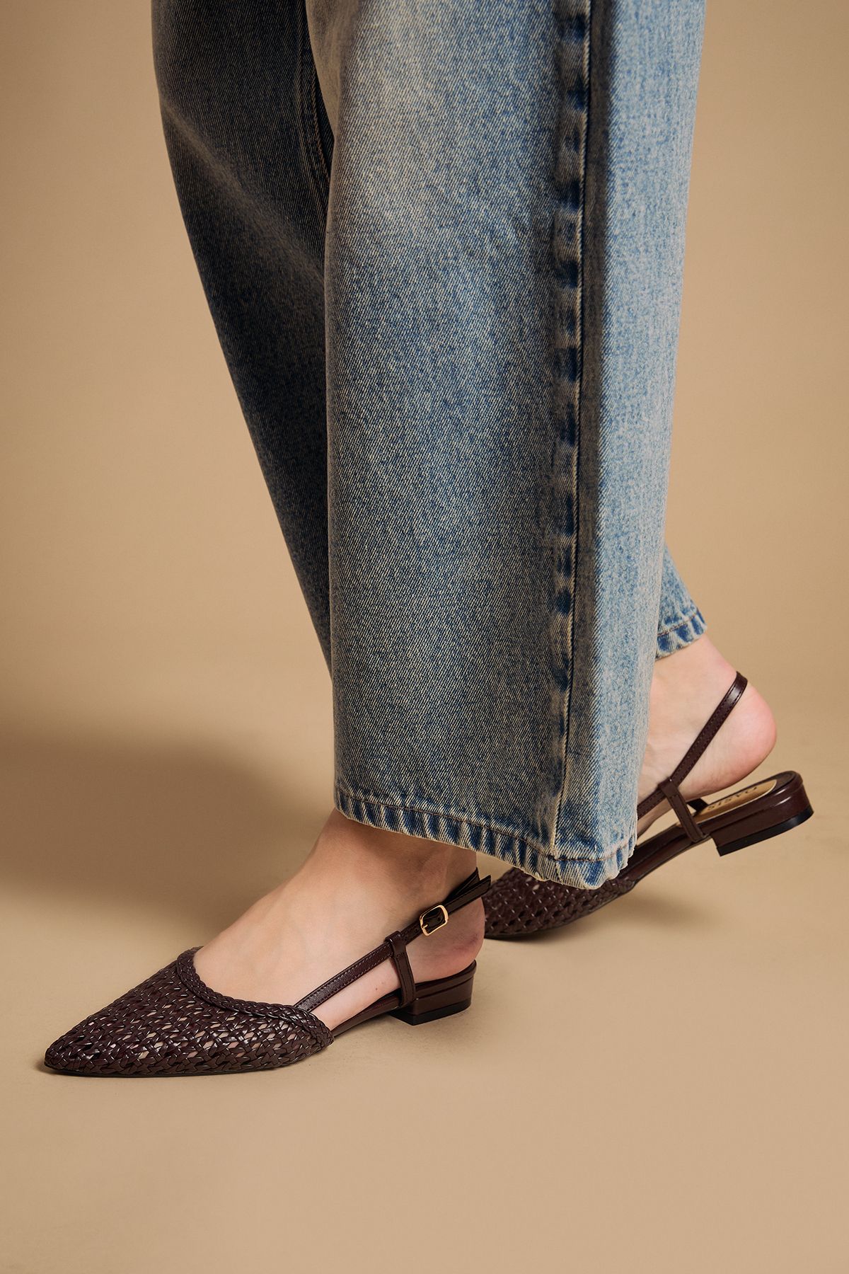 Oasis Brandie Faux Leather Woven Slingback Pointed Flat Shoes Chocolate