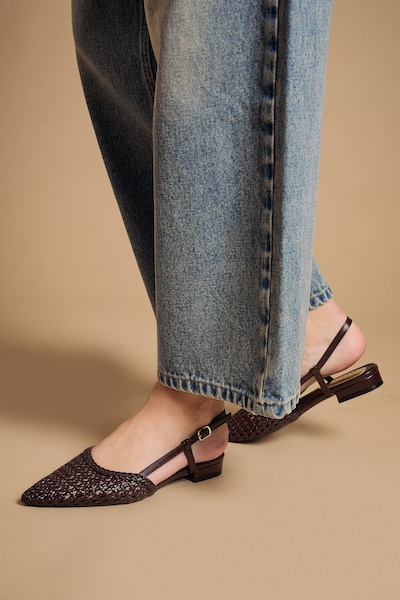 Oasis Brandie Faux Leather Woven Slingback Pointed Flat Shoes Chocolate