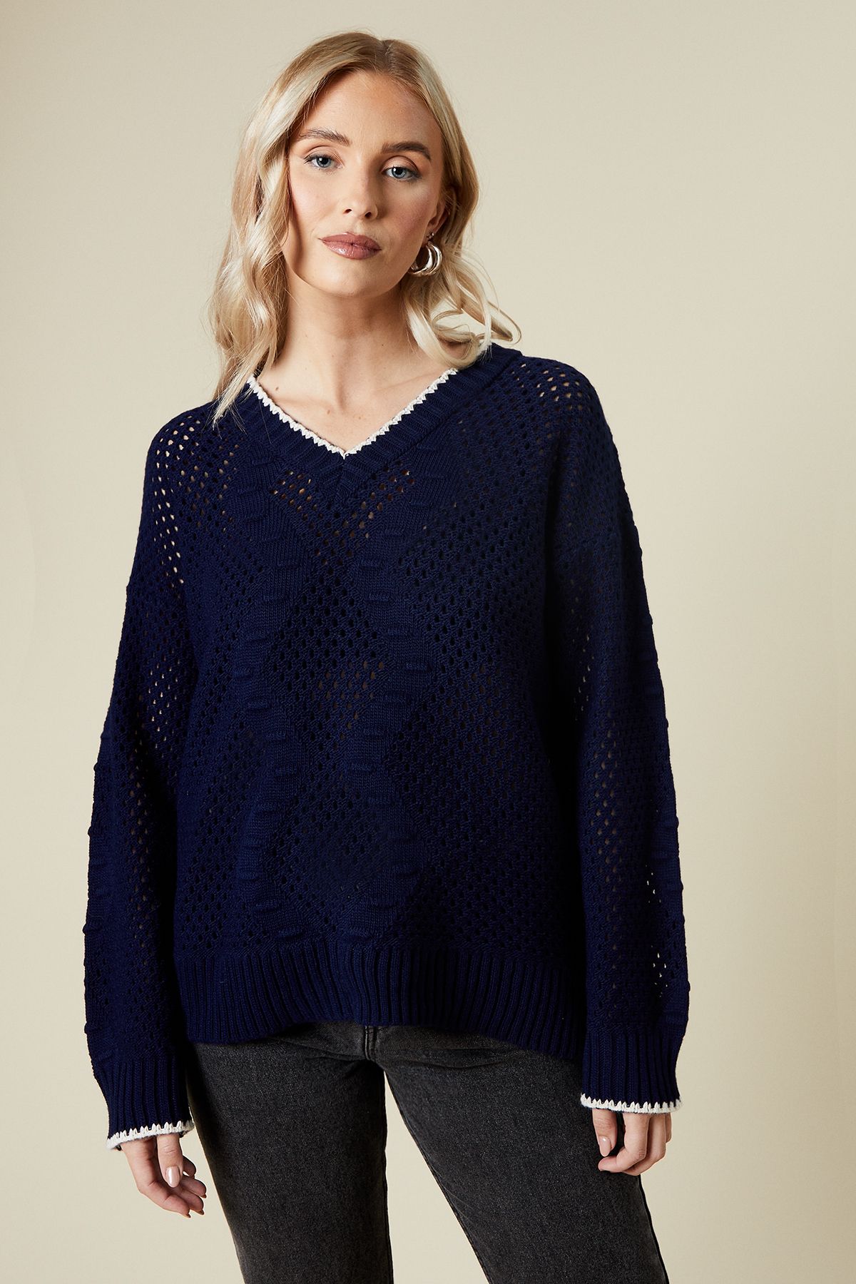 Dorothy Perkins Whipstitch Cable Detail V Neck Jumper Navy image 1