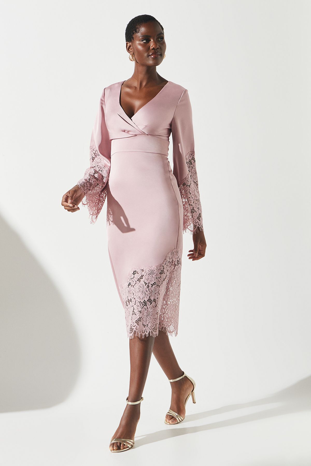 Coast Lace Panelled Satin Wrap Dress Dusky Pink image 2