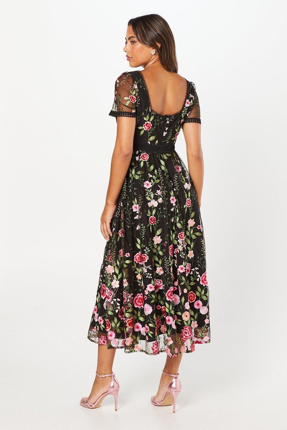 Coast Lace Trim Detail Embroidered Mesh Midi Dress Black image 3