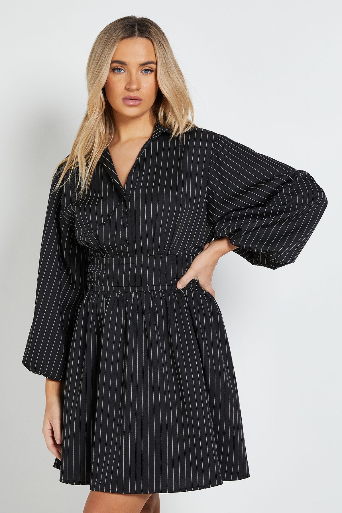 Dorothy Perkins Pinstripe Collar Detail Gathered Waist Mini Dress Black