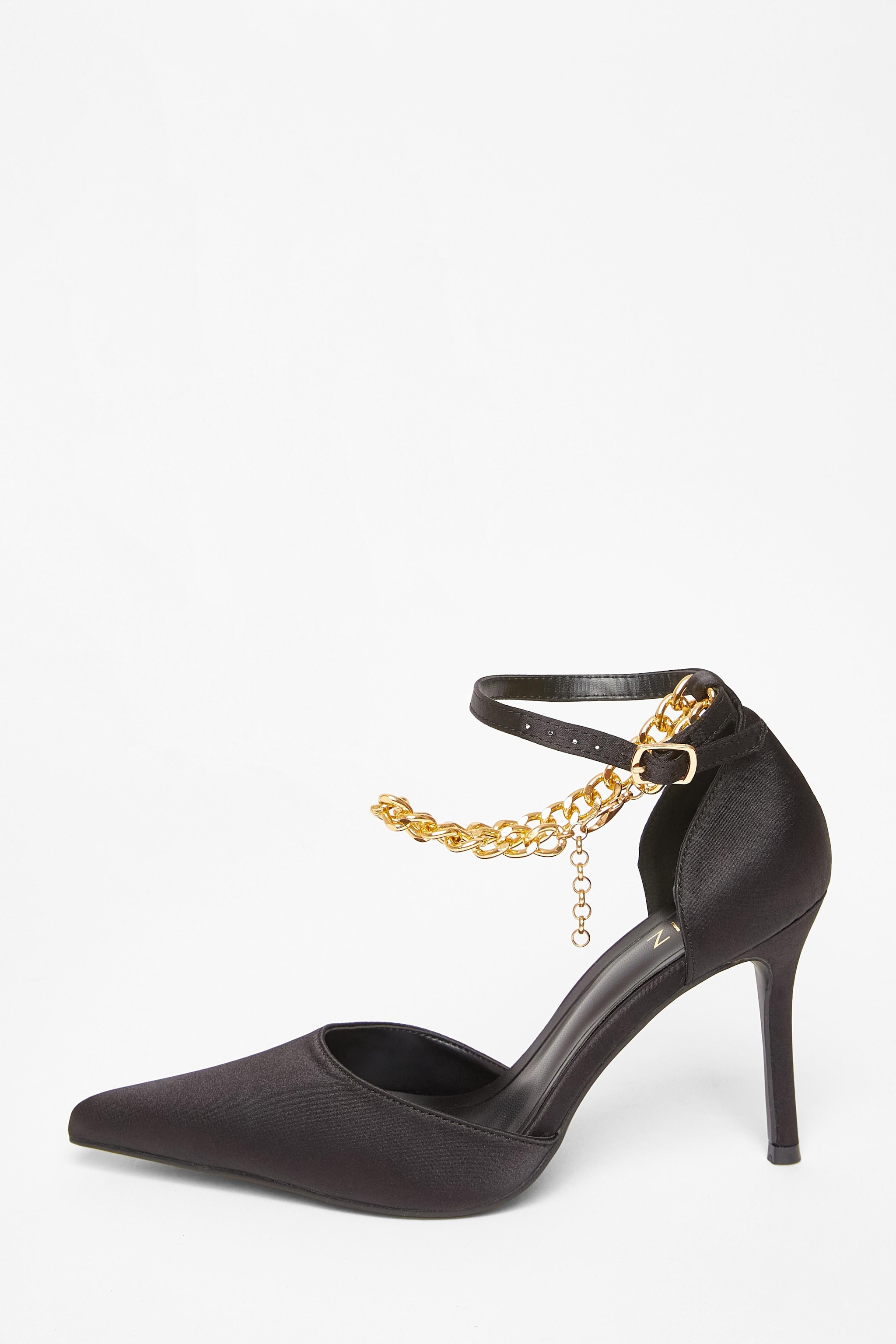 Quiz Black Satin Chain Strap Court Heels image 3
