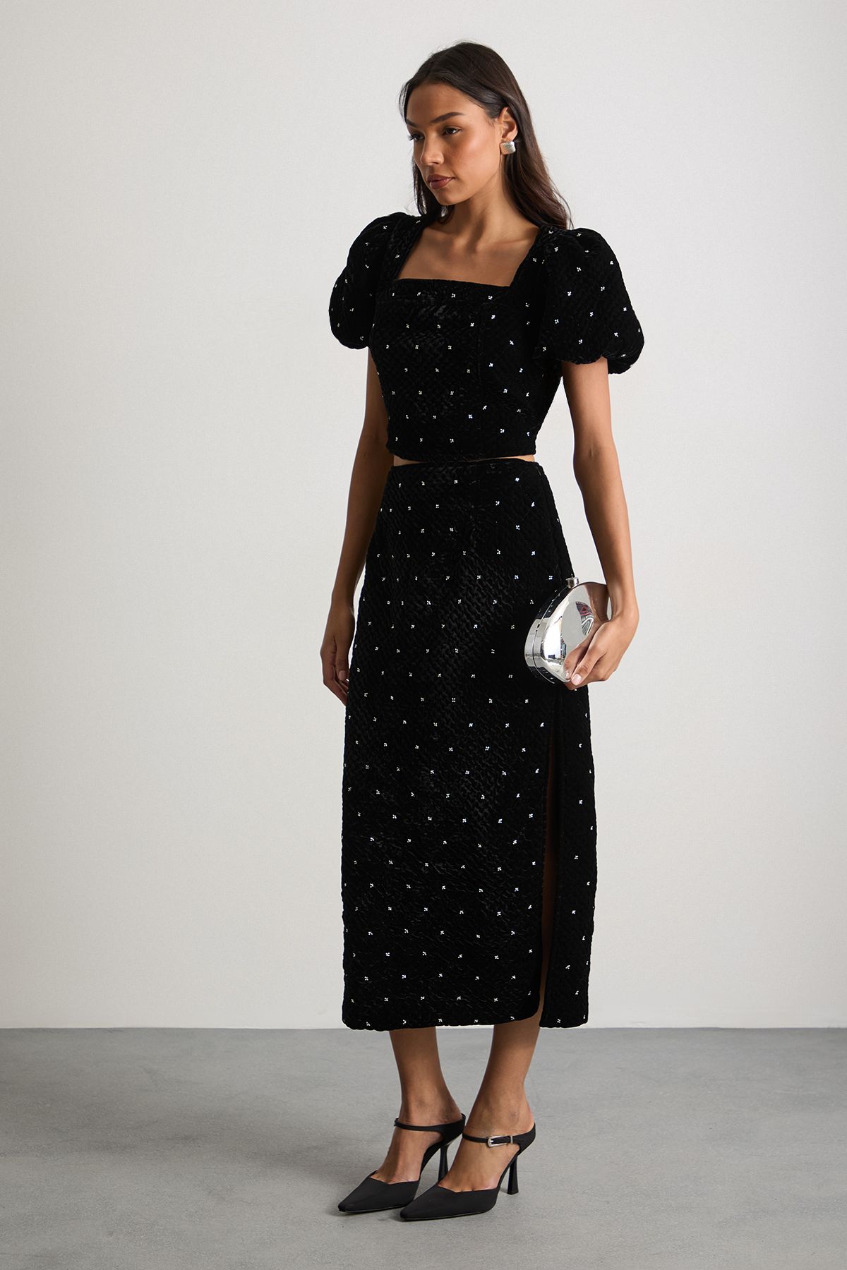 Warehouse Velvet Embellished Puff Sleeve Top Black image 2