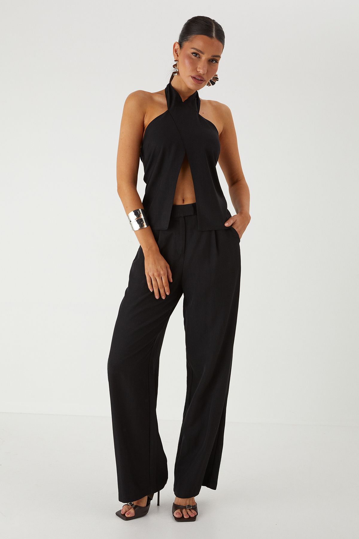 MissPap Twill Cross Over Halterneck Top Black image 2