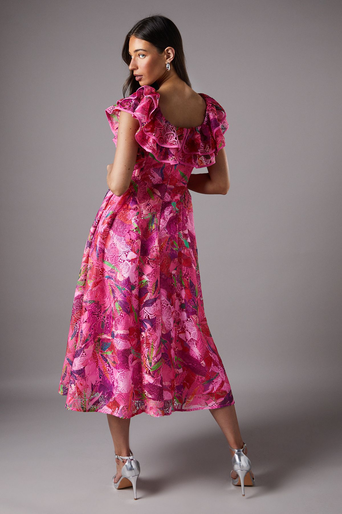 Coast Printed Broderie Frill Sleeve Midi Holiday Dress Pink image 3