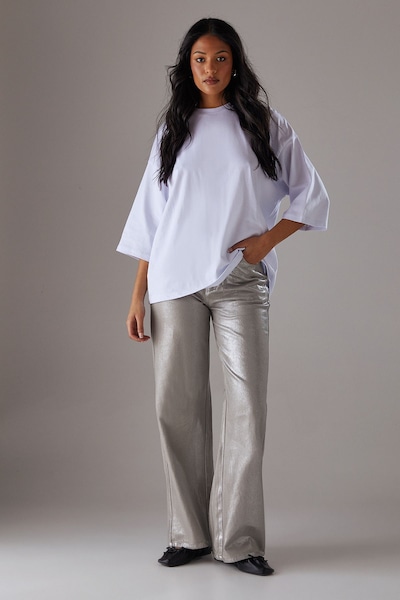 Warehouse Foil Coated High Waist Wide Leg Jeans Silver
