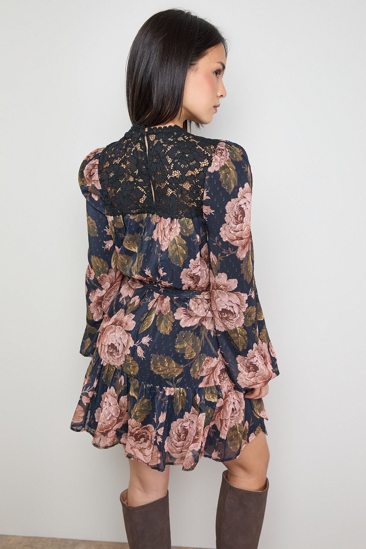 Oasis Petite Lace Front Belted Waist Long Sleeve Mini Dress Rose image 3