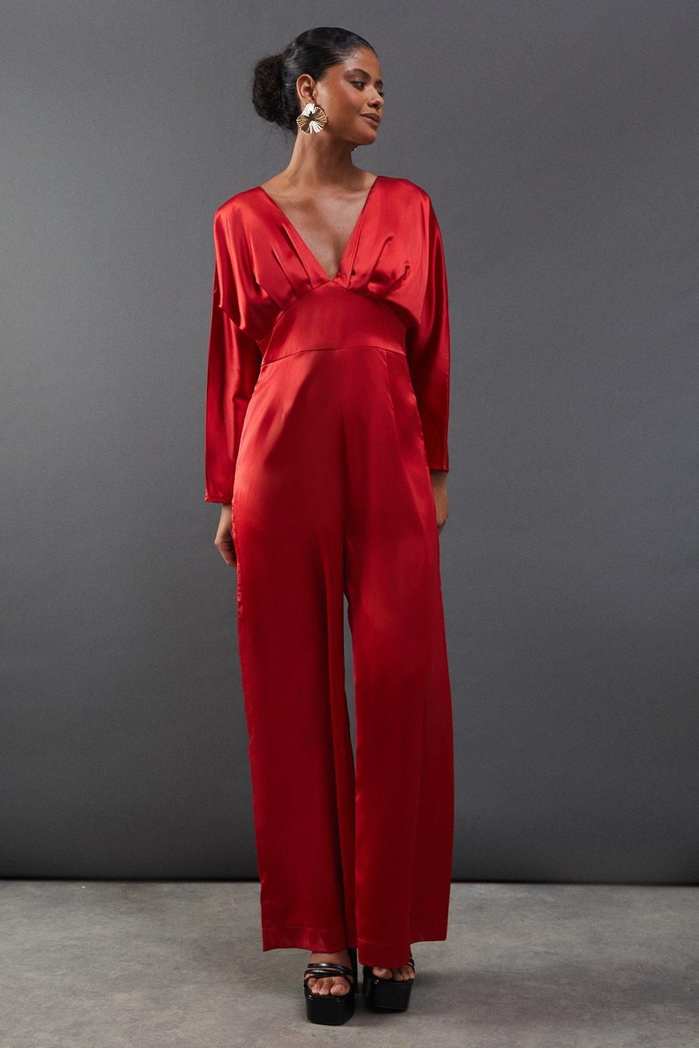Warehouse Satin Batwing Wide Leg Jumpsuit Red image 1