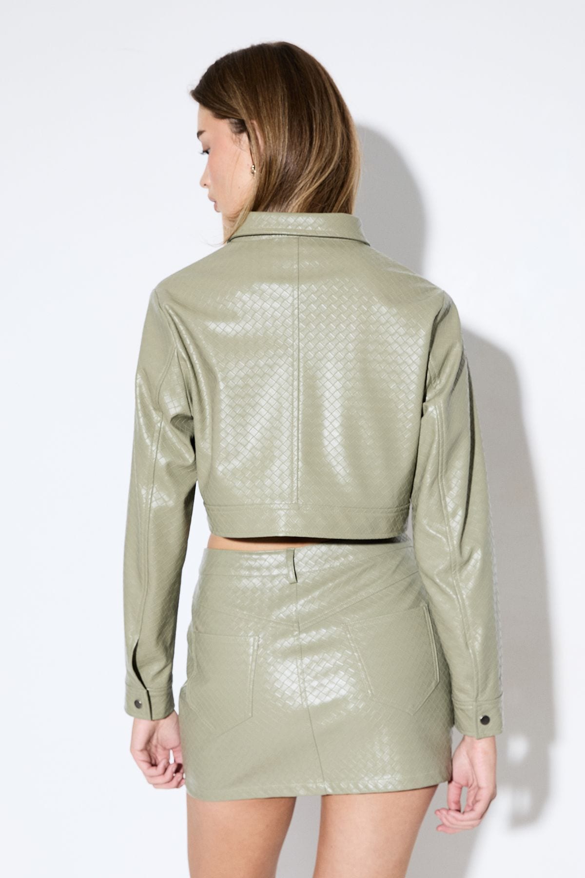 MissPap Woven Detail Faux Leather Jacket Olive image 3