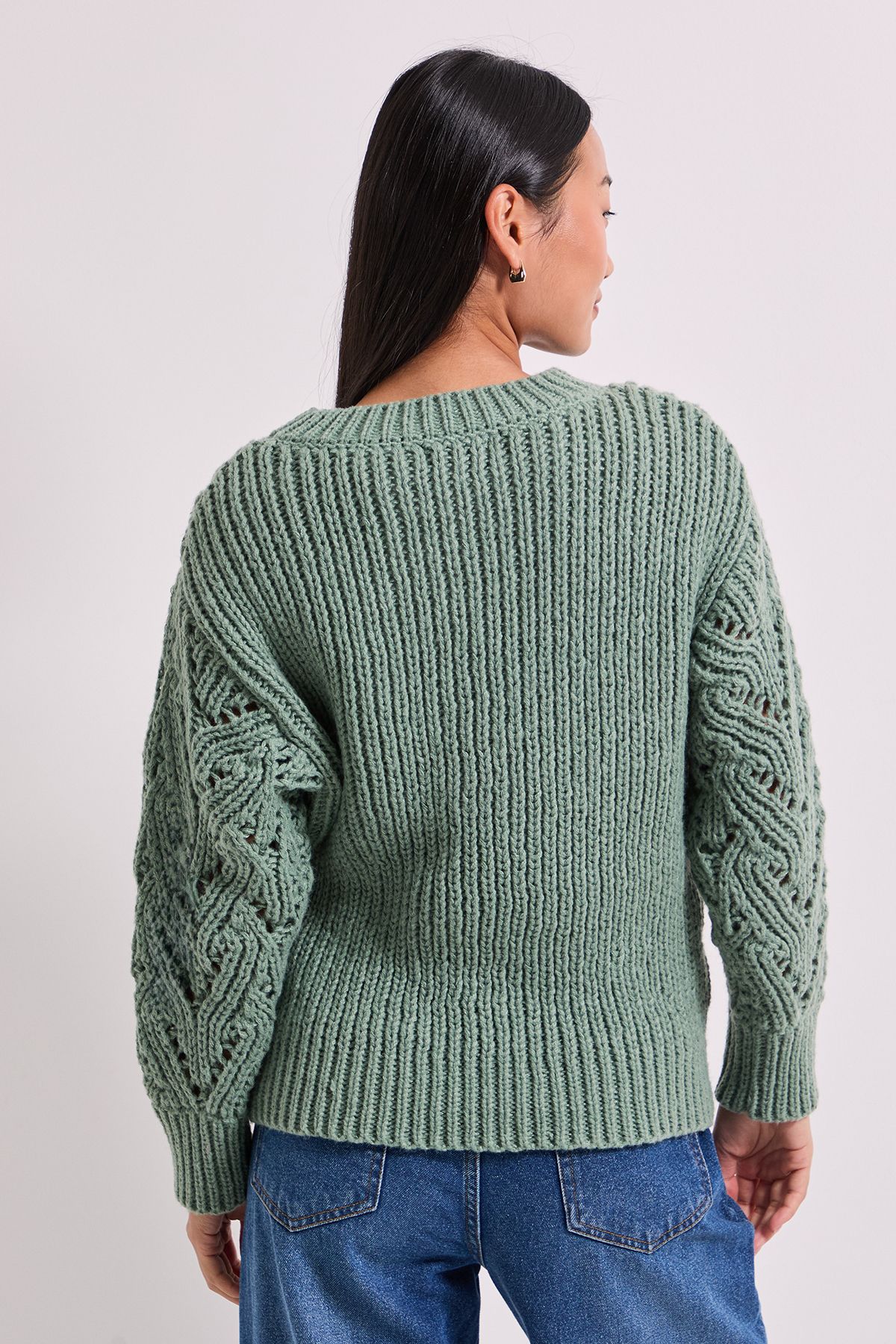 Dorothy Perkins Petite Cable Pointelle Crew Neck Jumper Sage image 3