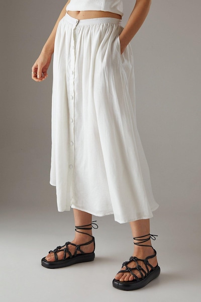 Warehouse Premium Linen Blend Drop Waist Button Through Maxi Skirt White