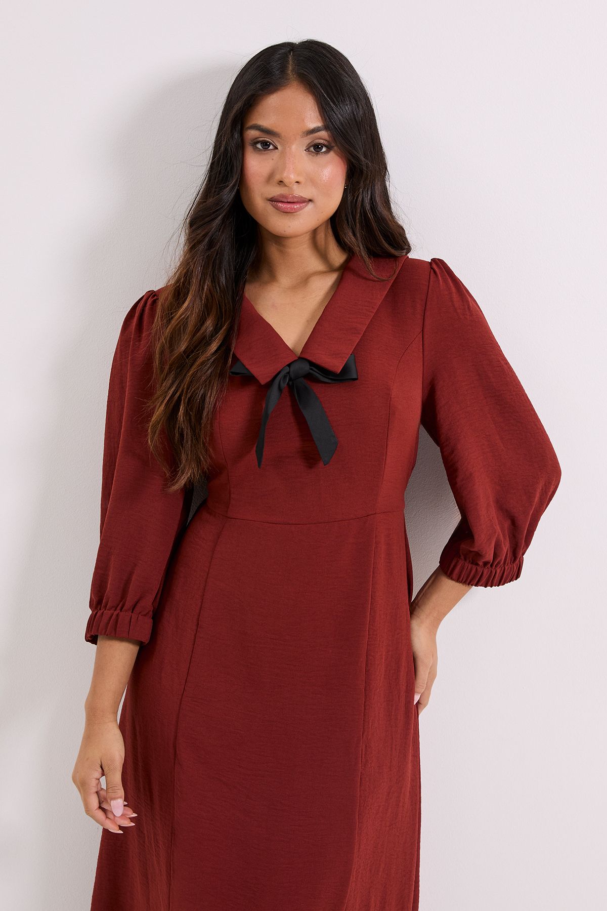 Dorothy Perkins Petite Collar Detail Bow Front Midi Dress Rust image 2