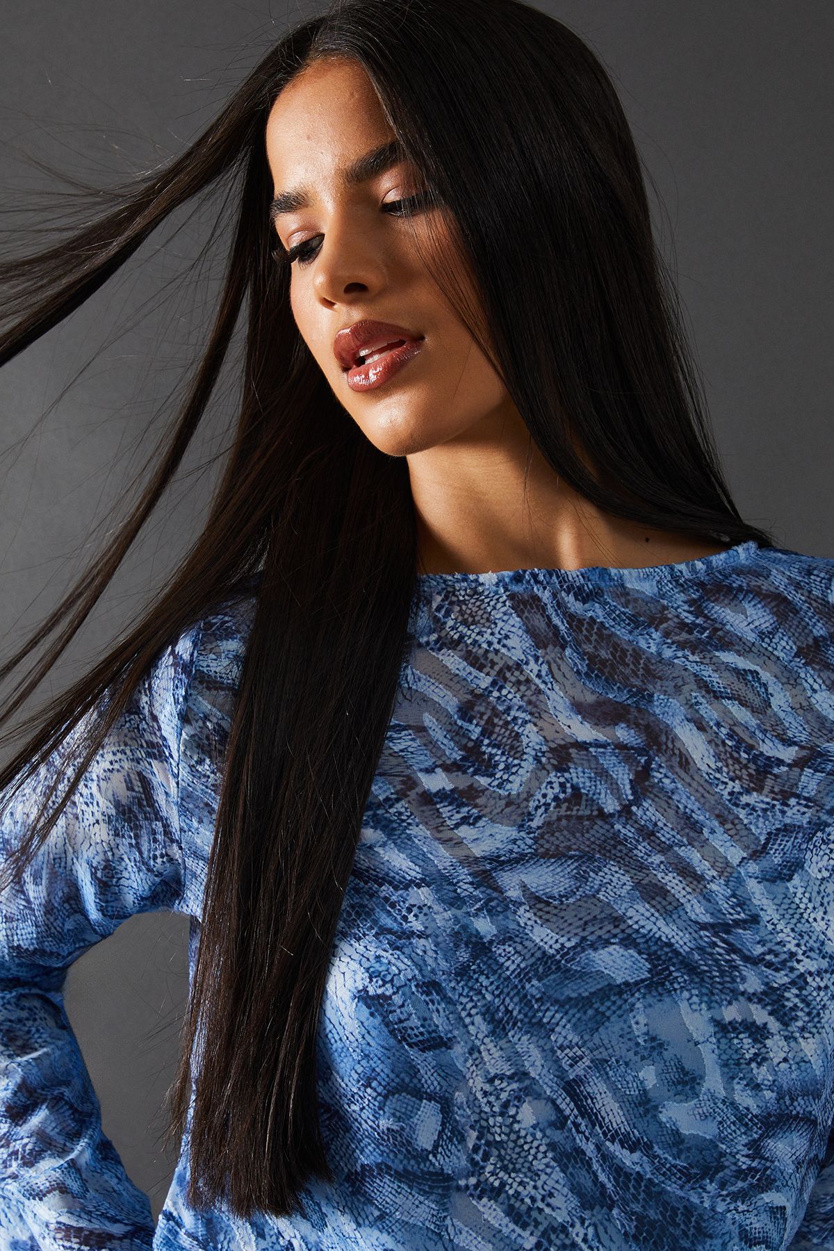 Warehouse Petite Burnout Snake Chiffon Column Long Sleeve Maxi Dress Blue image 2