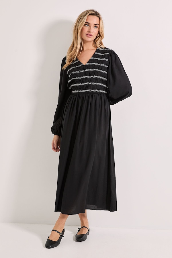 Dorothy Perkins Contrast Stitching Shirred Bodice V Neck Midi Dress Mono