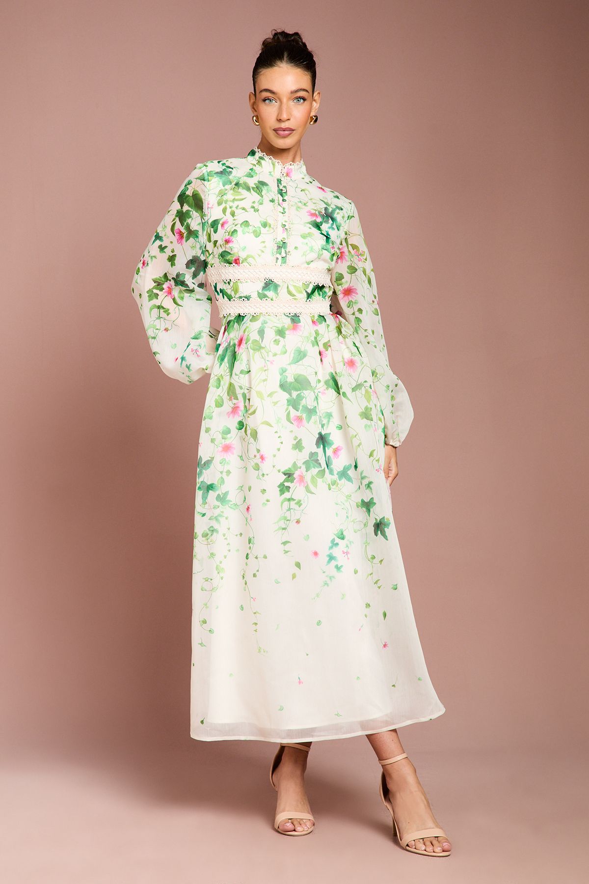 Coast Long Sleeve Placement Print Organza Midi Dress Ivory