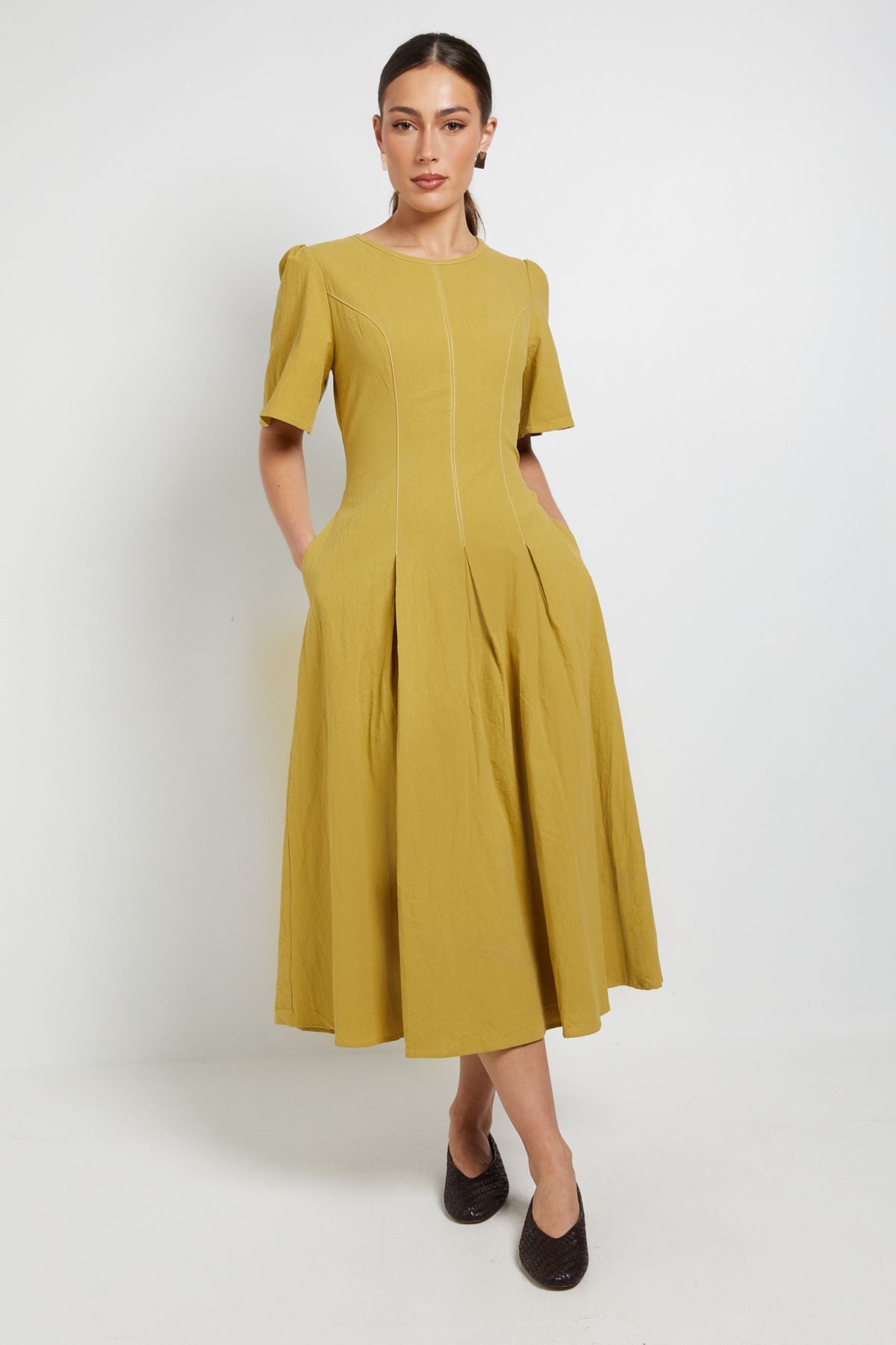 Wallis Principles Contrast Stitching Fit & Flare Midi Dress Lime